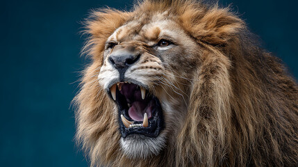 Fototapeta premium Majestic lion roaring fiercely against a dark blue backdrop, showcasing its powerful presence