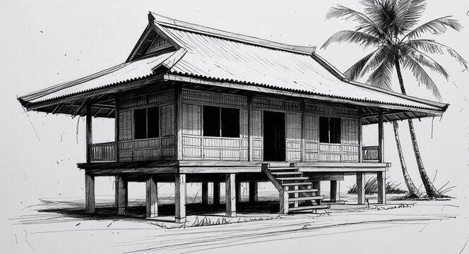 Traditional Filipino bahay kubo house building design in sketch hand drawing black and white on plain white background