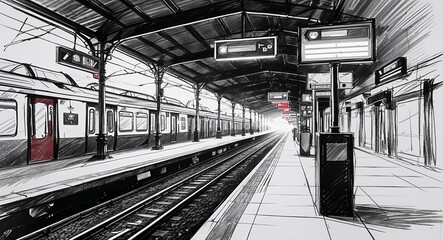 Train station platform with glowing lights and signs design in sketch hand drawing black and white on plain white background