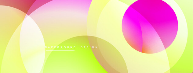 Abstract vibrant circles overlap. Yellow, pink, green hues create modern design. Smooth gradients offer dynamic visual effect.