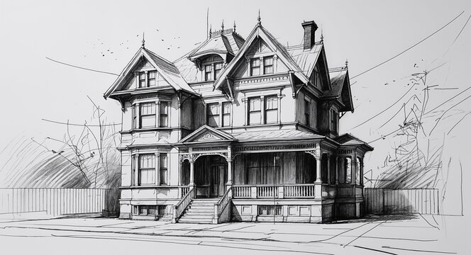 Victorian style house building design in sketch hand drawing black and white on plain white background