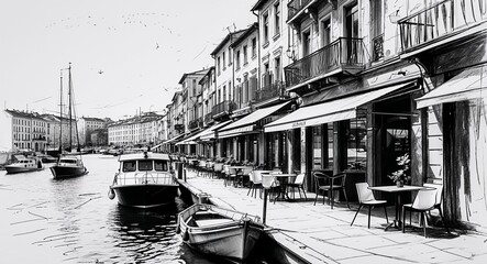 Waterfront street with boats and cafes design in sketch hand drawing black and white on plain white background