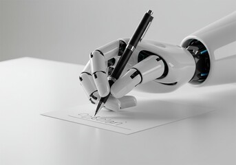 close up of a robot hand learning to write writing . upcoming technological advances
