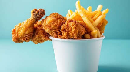 fried chicken in a pure white bucket with French fried in clean blue background