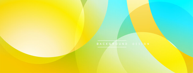 Abstract vibrant circles overlap. Yellow, turquoise, green hues create modern background design. Smooth gradients offer visual appeal.