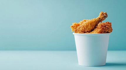 fried chicken in a pure white bucket with French fried in clean blue background