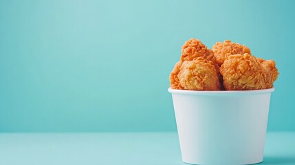 fried chicken in a pure white bucket with French fried in clean blue background