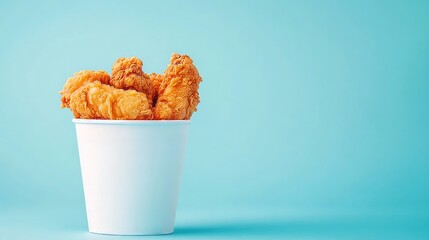 fried chicken in a pure white bucket with French fried in clean blue background