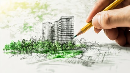 hand holding a pencil over a green sustainable building concept sketch