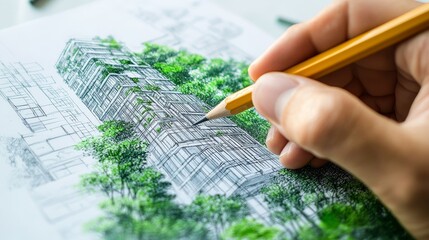 hand holding a pencil over a green sustainable building concept sketch
