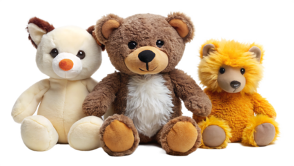 cutout set of 3 stuffed animal toys isolated on white background