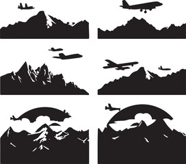 Silhouette Art of Airplanes Flying Over Mountain Ranges: Vector Graphic Illustration of Aviation and Nature Scenery for Design Projects