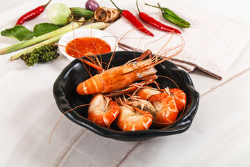 Boiled tiger prawn with sauce