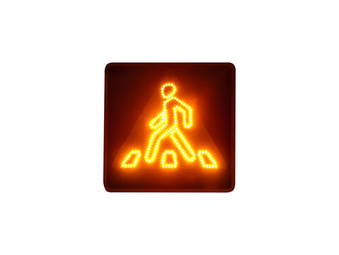 Road sign of a ground pedestrian crossing. Road sign with night illumination. Zebra ground pedestrian crossing. Road signs of a highway at night. Image for mockup. Photo for template. PNG format.