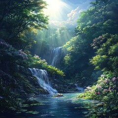 Lush waterfall cascading through a serene forest glade. Sunlight streams through the trees