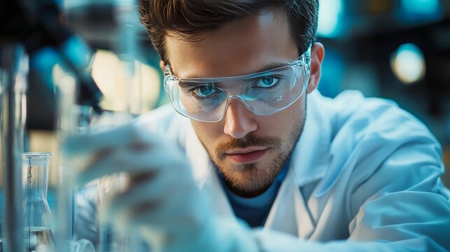 handsome young man scientist in laboratory working. Young male scientist doing some research