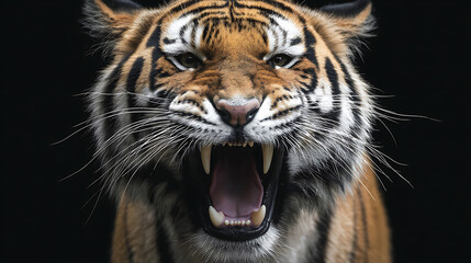Fototapeta premium Close-up of a roaring tiger showcasing its fierce expression against a dark background
