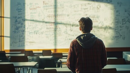 A mathematician solving equations on a whiteboard in a sleek university classroom.