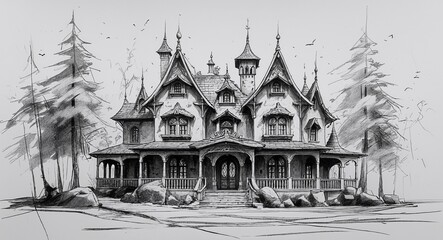 Enchanted forest fairy tale mansion building design in sketch hand drawing black and white on plain white background