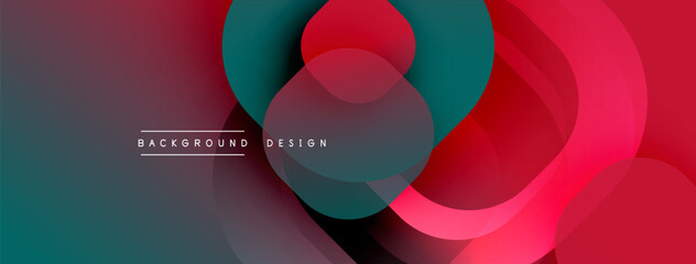 Abstract fluid shapes, red, teal gradients. Modern design elements overlap creating dynamic composition. Minimalist background texture visible.