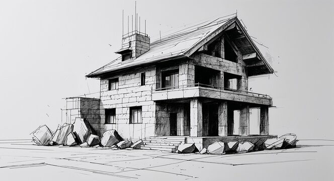 Giant stone hand house building design in sketch hand drawing black and white on plain white background