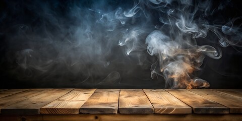A dark room with smoke on the wooden floor evokes a nightmarish scene of black clouds and fire
