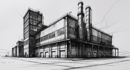 Fototapeta premium Industrial factory building design in sketch hand drawing black and white on plain white background