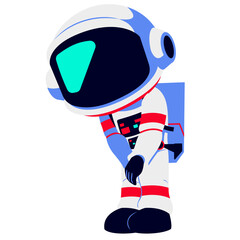 A cartoon astronaut in a white suit with red stripes, bending forward with both hands extended downward. The dark visor and blue backpack add a futuristic touch to the design.