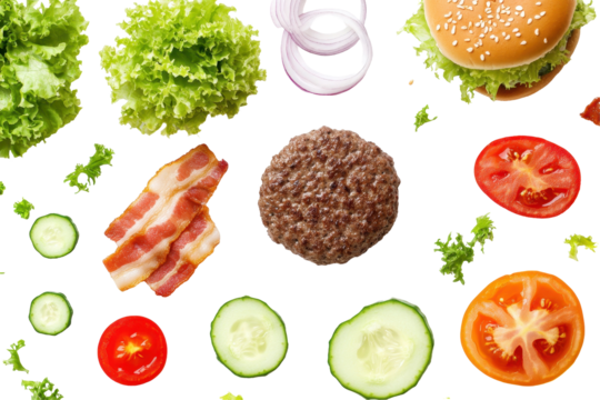 Gourmet burger ingredients hover in mid air capturing attention with bold flavors and visual satisfaction