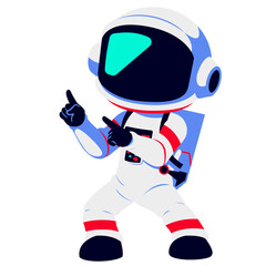 A cartoon astronaut in a white suit with red and blue accents, pointing upwards with both hands. The character features a large visor and a backpack, expressing energy and excitement.