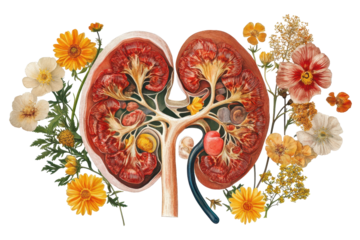 Human kidney illustration made from blooming flowers symbolizes natural healing and artistic biological representation