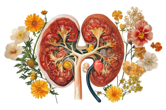 Human kidney illustration made from blooming flowers symbolizes natural healing and artistic biological representation
