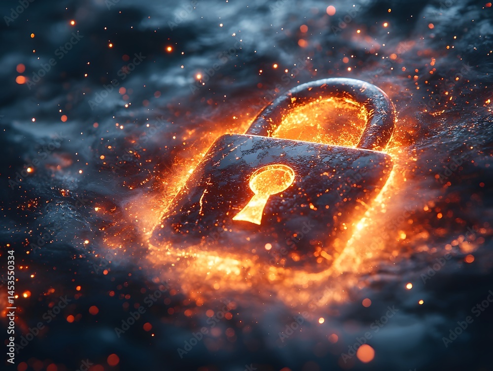 Wall mural futuristic glowing padlock icon floating in space