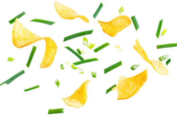 Falling potato chips and herbs highlight tasty crunch and freshness for snack ads or food graphics