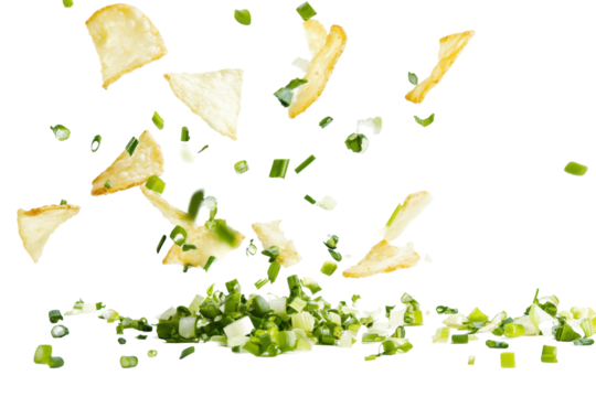 Potato chips tossed with fresh herbs deliver bold flavor and eye catching motion for culinary visuals