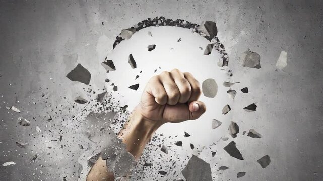 Fist punching through concrete wall, powerful impact, strength, determination
