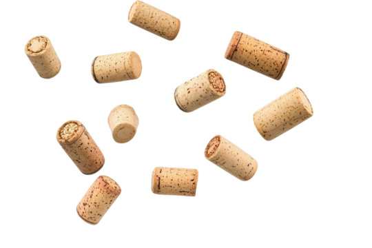 Flying wine corks in midair bring dynamic motion to winery branding or beverage themed graphic designs