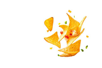 Delicious flying Mexican nachos chips captured midair for spicy snack lovers to enjoy anytime anywhere