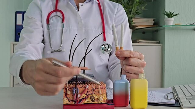 Skin Treatment for Nicotine Effect. Doctor and Skin. Cigarette Anatomy and Vape Health.