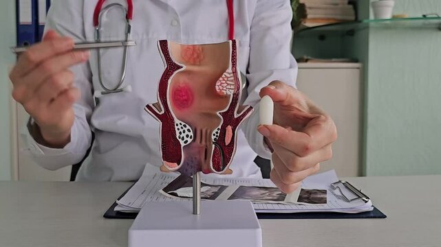 Proctologist doctor administers rectal suppository and artificial model of human rectum