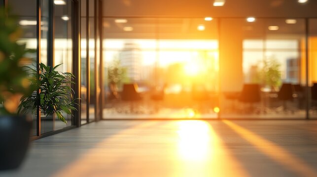 Modern business office setting environment blurred background with sunlight reflection on window glass