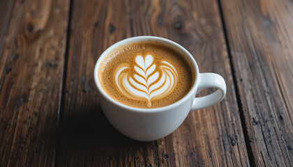 Freshly brewed coffee in white cup with latte art on rustic wooden table, cozy and inviting mood"
