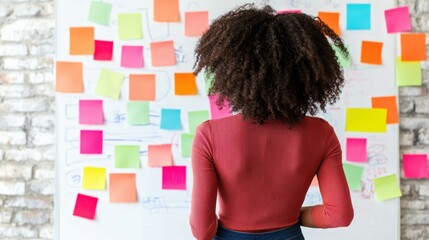 A woman in casual attire, standing at an office whiteboard with colorful post-it notes and complex flow charts, focusing on creating creative designs for marketing materials, her back to the camera