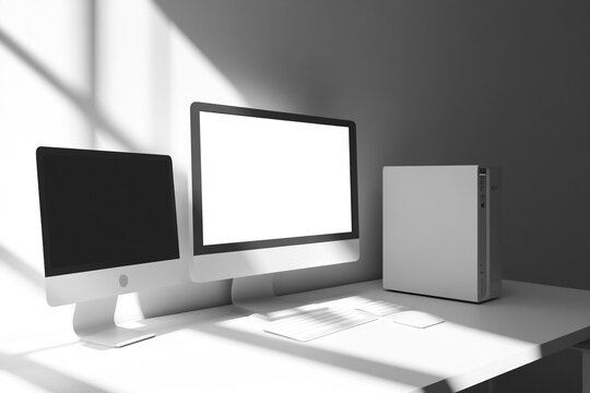 Modern minimalist workspace two computers keyboard mouse sunlight