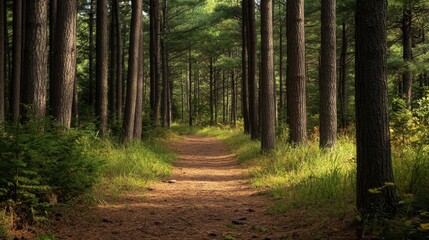 Obraz premium Path Through Majestic Pine Woodland: Towering Evergreens and the Scent of Pine Needles in a Serene Backdrop