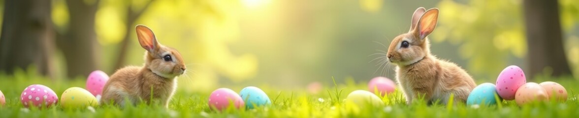 Fototapeta premium Playful bunnies surrounded by vibrant Easter eggs in a cheerful spring setting , easter bunny, painted, springtime