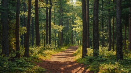 Obraz premium Path Through Majestic Pine Woodland: Towering Evergreens and the Scent of Pine Needles in a Serene Backdrop