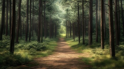 Fototapeta premium Path Through Majestic Pine Woodland: Towering Evergreens and the Scent of Pine Needles in a Serene Backdrop