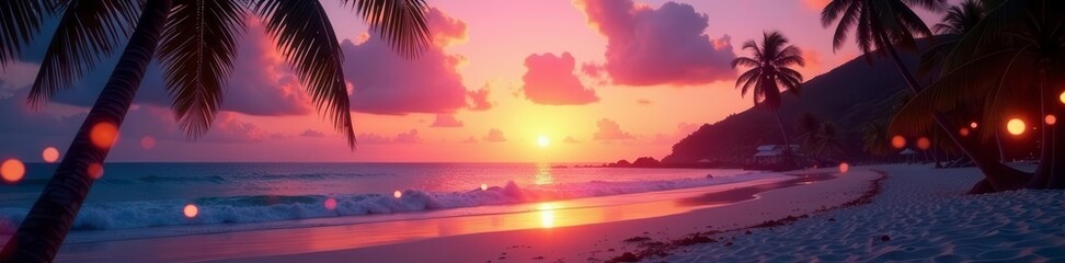 Sunset beach scene, twinkling lights, palm trees, photography, vibrant