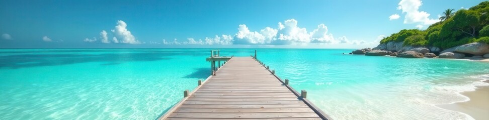 Fototapeta premium Sun-drenched tropical beach, crystal clear turquoise water, extending wooden pier , Maldives, tropical paradise